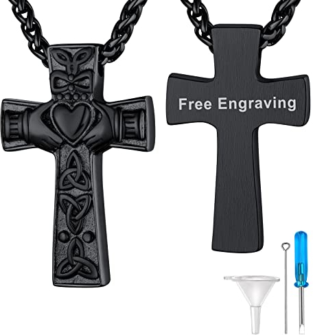 Supcare Kette für Herren Claddagh Kreuz Kette für Asche Halskette Edelstahl Damen Urnen Anhänger Kreuzkette Schwarz Cremation Urnenanhänger Urnen Kette Gravur Kreuzanhänger Modeschmuck für Mutter