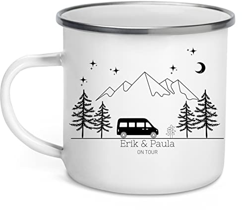 Little Mathilda Emaille Tasse bunter Camper Van Camping personalisierte Campingtasse mit Namen Kaffeetasse Zubehör Wohnwagen Edelstahl Becher Geschenk für Camper (Campingvan schwarz)