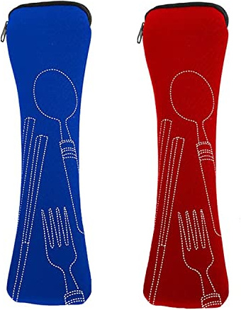 Norhogo 2pcs Cutlery Bag Portable Ziplock Neoprene Cutlery Bag Travel Camping Picnic School Lunch Bag Blue/Red (24 x 6cm)