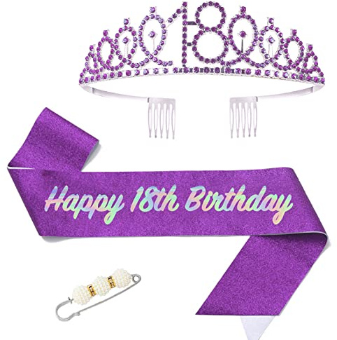 POPOYU Écharpe et diadème pour fille pour 18e anniversaire - Couronne et écharpe violettes pour elle - Décorations de 18e anniversaire - Accessoires de fête d'anniversaire pour filles - Cadeau