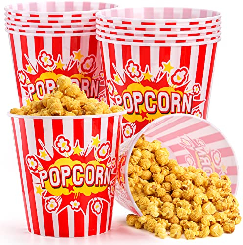 YOUEON 12 Pack Large Plastic Popcorn Bowls, 2.8 L Reusable Popcorn Containers in Red & White Striped Retro Style, Popcorn Buckets for Movie Night, Theater, Party Theme