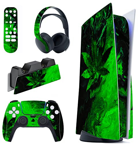PlayVital Skin Stickers für ps5 Konsole Regular Edition,Vinyl-Skin Folie Stickers Aufkleber Schutzfolie für PS5 Konsole,Controller,Ladestation,Headset,Medienfernbedienung-Grünes Blatt | Präzise Passform, Schutzhülle für PS5-Controller, Ladestation, Headset, Medien-Fernbedienung, grünes Blatt