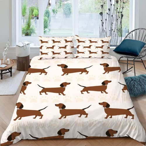 MOXINO 3D Dackel Bettwäsche 155x220 cm 3teilig Zeichentrick Dackel Bettbezüge für Teenager Jungen Mädchen Einzelbett Leicht Mikrofaser Bettbezug Sommer Warm Weiche Bettwaren mit 2 Kissenbezüge 80x80