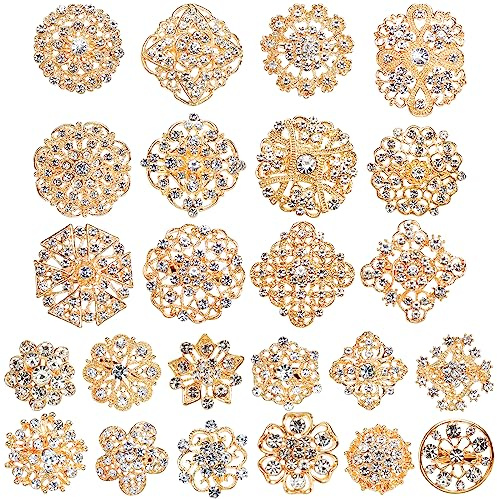 Hiceeden 24 Pieces Gold Crystal Brooches for Women, Rhinestone Brooches and Pins Flower Brooch for Crafts, Diamond Pins for Flower Wedding Bouquet Pins Set