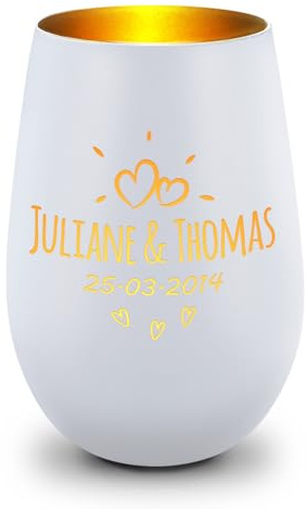 GRAVURZEILE Deko Windlicht aus Glas mit Gravur - Sunshine - Personalisiert mit Namen & Datum - Persönliches Geschenke für Frauen und Männer zur Hochzeit Verlobung und Geburtstag - Weiß/Gold