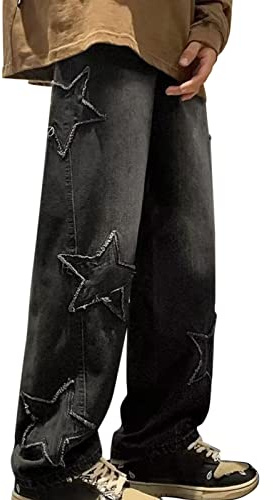 BUKKNYE Mens Straight Leg Y2k Jeans Star Printed Loose Casual Stretch Wide Leg Streetwear Biker Jeans Street Dance Skate Pants