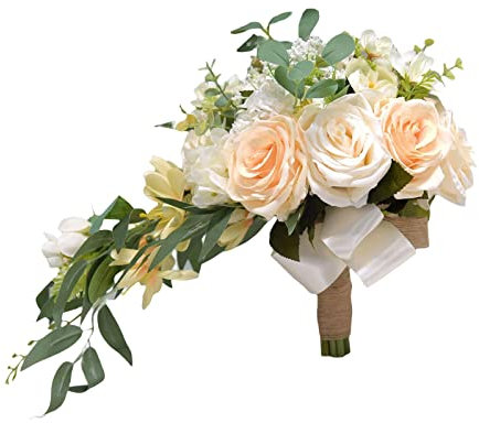 perfk Kaskadierender Brautstrauß, Braut-Hochzeits-Überwurf-Blumenstrauß für Jubiläums-Hochzeitszubehör, Beige