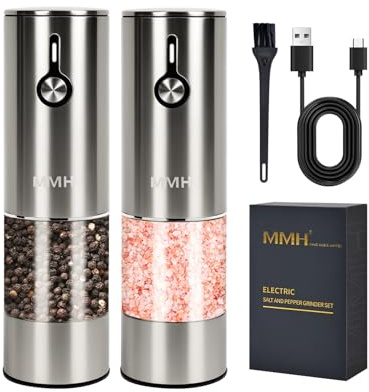 [Upgraded 66g Large Capacity] Electric Salt and Pepper Grinder Set of 2, Rechargeable with 6 Level Adjustable Coarseness, Stainless Steel Automatic Salt and Pepper Shakers Refillable with LED light