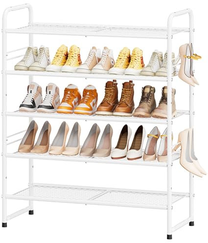 SUFAUY Schuhregal, 5 Etagen Schuhregal für 24–30 Paar Schuhe, Netz-Schuh-Organizer für Eingangsschrank, Stahlrahmen, industriell, Weiß