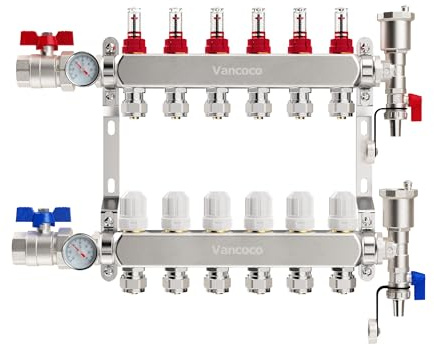 VANCOCO Collettore Riscaldamento Pavimento in Acciaio Inox 6 Circuiti, Eurokonus 16×2 mm, Kit Sfiato Veloce, Valvole a Sfera 1, Portata 5 L/min, Misuratore di Portata