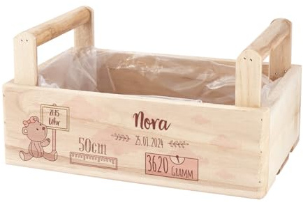 Striefchen® Pflanzkorb aus Holz als Geschenkbox zur Geburt - Motivauswahl - 2 Formen (Geburtsdaten rosa, 2 Griff)
