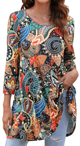 Enmain Womens Tunic Top 3/4 Long Sleeve Tunics for Women UK Plus Size Round Neck Longline Tops for Leggings Ladies Swing T Shirt Casual Loose Stretch Comfortable Blouses Shirts S-5XL