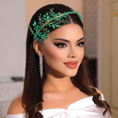 WONRLUA Wedding Hair Pieces for Brides, Rhinestone Bridal Headband, Handcrafted Headpiece for Bride(Green)