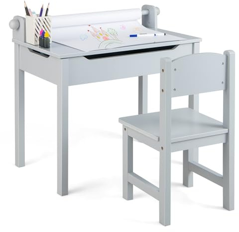 COSTWAY Bureau Enfants avec Tabouret & Plateau Rabattable, Table à Dessin en Pin Polyvalent avec Rouleau de Papier & 2 Marqueurs, Espace Caché, Poignées Découpées pour Enfants de 3 Ans+