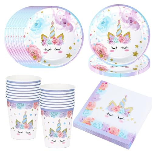 Bikasun Juego de vajilla de fiesta de unicornio, juego de 16 platos de unicornio, vajilla de cumpleaños infantil, vasos, servilletas, platos de papel, decoración para fiestas