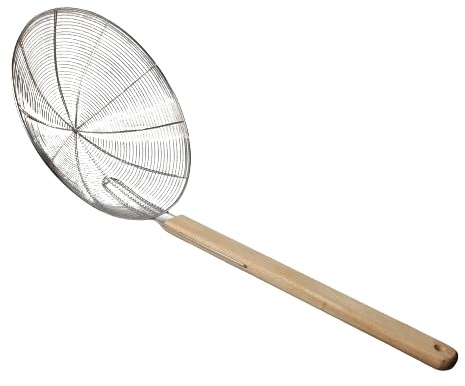 PEBBLE HUG Stainless Steel Wok Skimmer with Wooden Handle, for Kitchen Frying Food, Pasta, Spaghetti, and Noodles, Cooking Utensils Strainer, Wired Skimmer, Easy to Clean (30 cm)