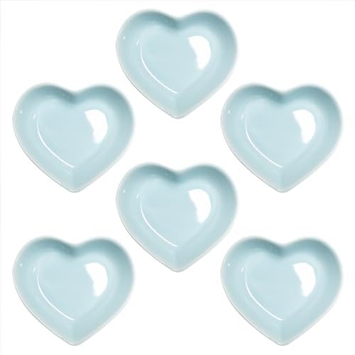 Yuauy 6 pcs Light Blue Heart Shaped Porcelain Soy Sauce Dish 1.65 oz Ceramic Dip Dipping Bowls for Dinner Baking BBQ and Cooking