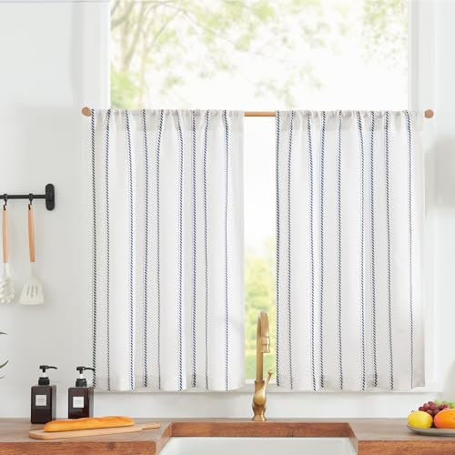 TOPICK Cortina de Cocina con Estilo Náutico de Lino Rayas con Bolsillo para Varilla Opaca Aptas para Cocina Salón Baño Lavadero y Pequeñas Ventanas Azul sobre Beige Juego de 2 Unidades 65 x 90 cm