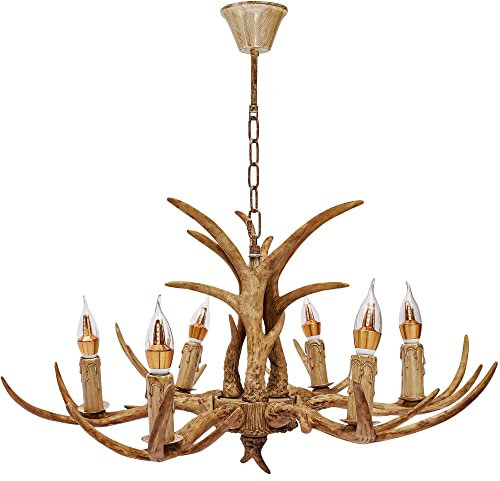 6-Kopf Geweihlampe Beleuchtung Lamp Retro Geweih Hirschgeweih Pendelleuchte Vintage Beleuchtung Light Kronleuchter Hirschgeweihlampe Deckenleuchte Licht Decken Leuchte E14 x 6