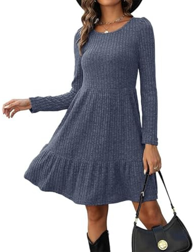 Yeenily Pull Femme Col Rond Décontractée Tricotée Manches Longues Automne Hiver Tunique Robe Élégante Mini (Bleu Foncé, M)
