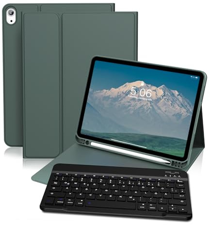 zoyu Hülle mit Tastatur für iPad Air 7./6. Generation 11 Zoll M3/M2 (2025/2024) & 10,9 Zoll Air 5./4. Generation 2022 2020, Abnehmbare kabellose Tastaturabdeckung, Auto Sleep/Wake, Nachtgrün