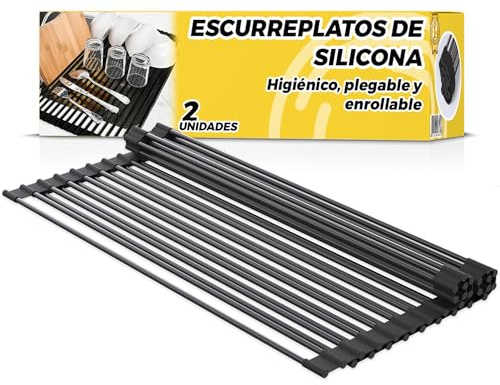 The Inventions Emporium Escurreplatos sobre Fregadero Enrollable para Ahorro de Espacio de Acero Inoxidable con Recubrimiento de Silicona Pack de 2-43,5x33 Cm