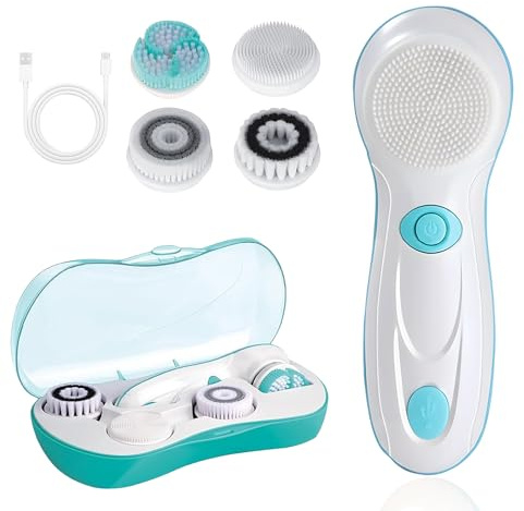 Facial Cleansing Brush, Electric Face Scrubber with 4 Cleanser Heads and 2 Speeds Adjustable for Deep Cleaning, Portable Rechargeable and Waterproof Face Wash Brush for Women & Men (Green)