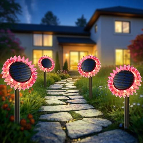 Asteria Solar Garden Lights 4 Pack，Upgraded Solar Sunflower Light, Ground & Wall 2-in-1, Outdoor Lights Waterproof IP67,Garden Yard Patio Backyard Pathway Landscape Fence Decoration（Pink Lights）