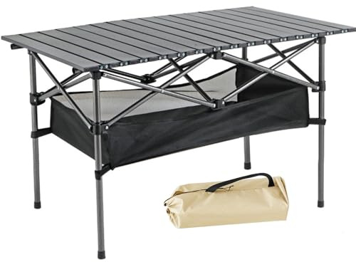 ROMIOR Foldable Camping Table, Alloy Steel Roll-up Picnic Table with Large Storage and Carrying Bag for Outdoor Picnic, Camping, BBQ, Party, Backyard, Beach (table/95x55x60cm)