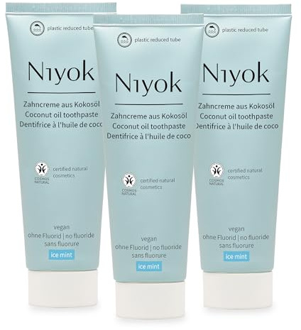 Niyok Zahncreme Eisminze 3 x 75 ml mit Bio-Kokosöl | Fluoridfreie Zahnpasta mit Bio-Kokosöl, Xylit und Kreide für ein frisches Mundgefühl