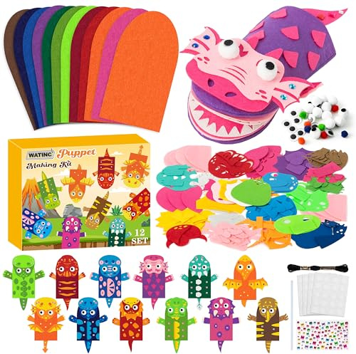 WATINC 12 Stück Hand Puppet Making Kit, Kunsthandwerk gefühlt Socke Puppet Spielzeug, kreative DIY machen Sie Ihre eigenen Pompoms Wiggle Googly Augen Storytelling Party Supplies (Dinosaurier)