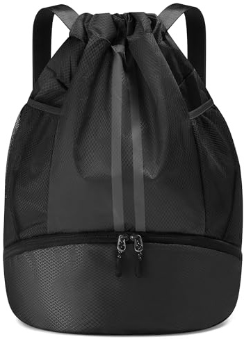 Vortix Turnbeutel für Jungen Damen Herren Kinder, Sportbeutel mit Kordelzug, Wasserdichter Turnbeutel mit Schuhfach, Gym Bag für Basketball, Fußball, Sport, Yoga und Schwimmen (Schwarz)