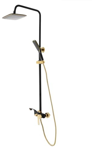 Duschset mit Armatur, Höhenverstellbar 85-125cm Edelstahl Duschsystem mit Verstellbare Duschstange, 3 Strahlarten Duschkopf, Duschamaturenset Wandmontage Regendusche (Schwarz+Gold)