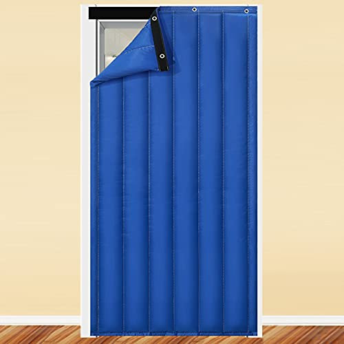 Thermal Insulated Blackout Door Curtains - Soundproof Room Darkening Panels Pet Friendly Blue Grommet Screen Door Curtain for Home Patio Garage - Easy Install with Tiebacks