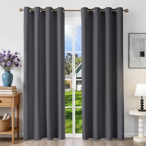 Runyéla Verdunklungsvorhänge mit Ösen Gardinen 2er Set, Thermovorhang Hitzeschutz H 200 x B 140, Vorhänge Blickdicht Dunkelgrau, Ösenvorhang für Schlafzimmer Wohnzimmer Blackout Curtain
