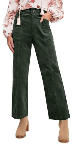 Novlewign Pantalon en velours côtelé taille haute boutonné pour femme avec poches, vert, Taille XL