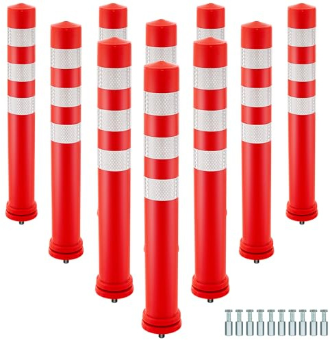 GOPLUS Paquete de 10 postes flexibles de 8 cm de diámetro y 66 cm de altura, barreras de aparcamiento flexibles con perno de anclaje y tiras reflectantes de 5 cm para seguridad en carriles y almacen