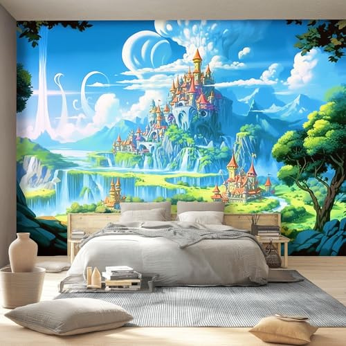 Wall Murals 350 x 256 cm, Castle Island Pattern Wall Fabric Removable, Cartoon Fantasy Style Large Photo Wallpaper for Living Room Bedroom Bathroom Office Dining Room Kid's Room Home Decor
