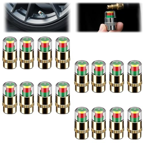 16 Pieces Car Tire Tyre Pressure Monitor Valve Stem Cap, Tyre Pressure Check Caps, Warning Safety 3 Color Sensor Indicator, Air Valve Caps, For Cars Motorcycles Bikes