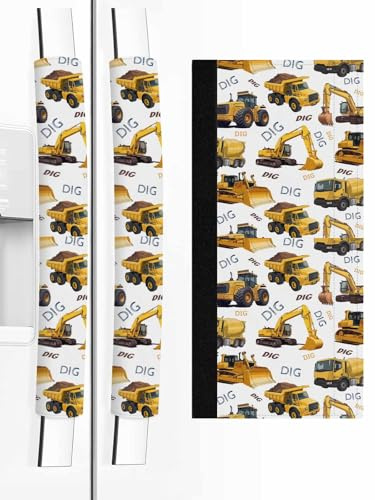 Construction Truck Refrigerator Door Handle Covers Set of 2, Cartoon Grips and Bulldozers Stirrup Car Kitchen Fridge Microwave Oven Dishwasher Stove Cabinet Handle Protectors, Washable Appliance Decor