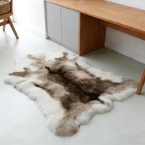 SYLUOQP Kunstfell Rentier Teppich Schlafzimmer - weiches Rentier Fellimitat als Wohnzimmerteppich - Fellteppich Bettvorleger Schlafzimmer weiß-braun 120 x 95 cm