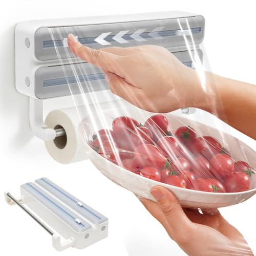 DASIAUTOEM 3 in 1 Frischhaltefolienspender mit Küchenrollenhalter, Küchenrollenhalterung mit Cutter, 3 in 1 Frischhaltefolienspender mit Cutter, Wandrollenhalter Küche, Folienschneider für Küche