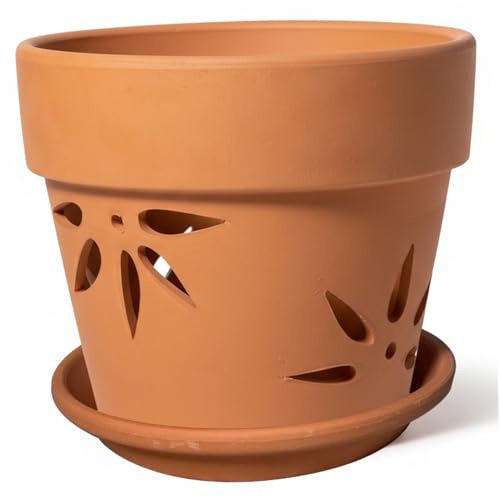 Pots en terre cuite, pots d'orchidées avec aérations latérales en feuille de bambou et soucoupe, pot en argile de 5, 9 pouces pour plantes, pot d'orchidée respirant avec trous drainage, argile pour