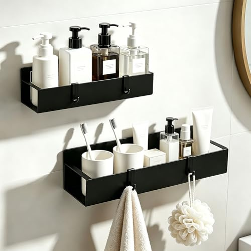 2er Set Duschablage ohne Bohren – Duschregal ohne Bohren Schwarz, mit 4 Haken, Shower Shelf für Bad & Küche