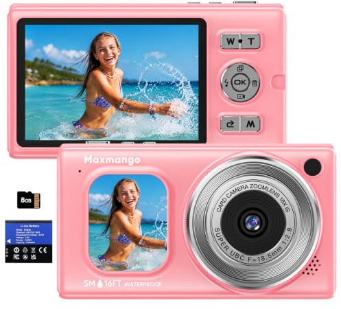 Maxmango D71 16FT Macchina Fotografica Subacquea, Fotocamera Impermeabile 4K 48MP con Galleggiante, Doppio Schermo e Zoom 18X, Autofocus per Snorkeling Nuoto Surf, Batteria Rimovibile 1500mAh, Rosa