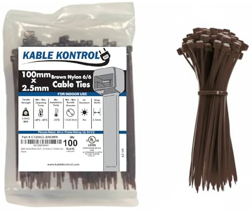 Kable Kontrol Brown Cable Ties, 100 mm x 2.5 mm, Pack of 100, 4 Premium Nylon Zip Ties, Multi-Purpose Plastic Tie Wraps, Secure Self-Locking Mechanism, for Home, Garden, Office and DIY