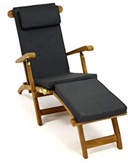 Nexos DIVERO Liegestuhl eleganter Deckchair Florentine Steamer Chair Teakholz Liegenauflage mit Kopfteil mit 4 Segmenten wasserabweisend Bezug abnehmbar mit Reißverschluss (anthrazit)