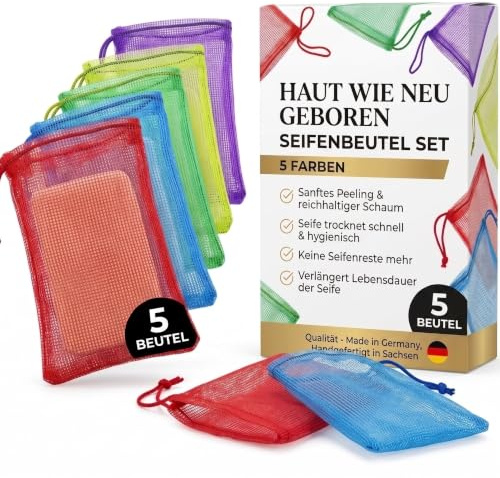 Perligran Seifenbeutel 5er Set - Peeling Seifensäckchen - Made in Germany | Nachhaltiges Seifennetz für Massage & Resteverwertung, waschbarer Seifenschwamm aus Sachsen, inkl. DDR Kochbuch & Karte