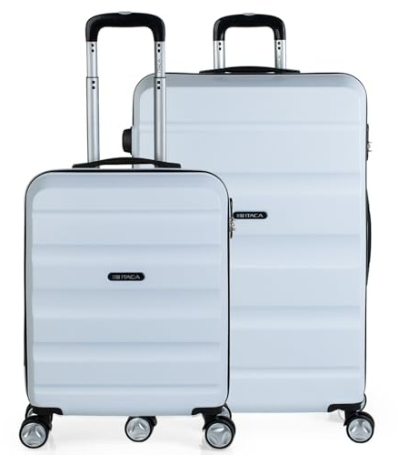 ITACA - Uppsättning av 2 stela res resväskor 4 hjul vagn 55/75 cm abs. Resistenta och lätta. Bagage. Liten stuga godkänd och stor., Vit