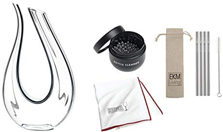 RIEDEL Decanter Vorteilsset, Dekanter, Weindekanter Amadeo Fatto A Mano Black/White/Black Optical + Gratis Reinigungstuch 5010/07, Reinigungsperlen 0010/05 und 4er Set EKM Living Edelstahl Trinkhalme